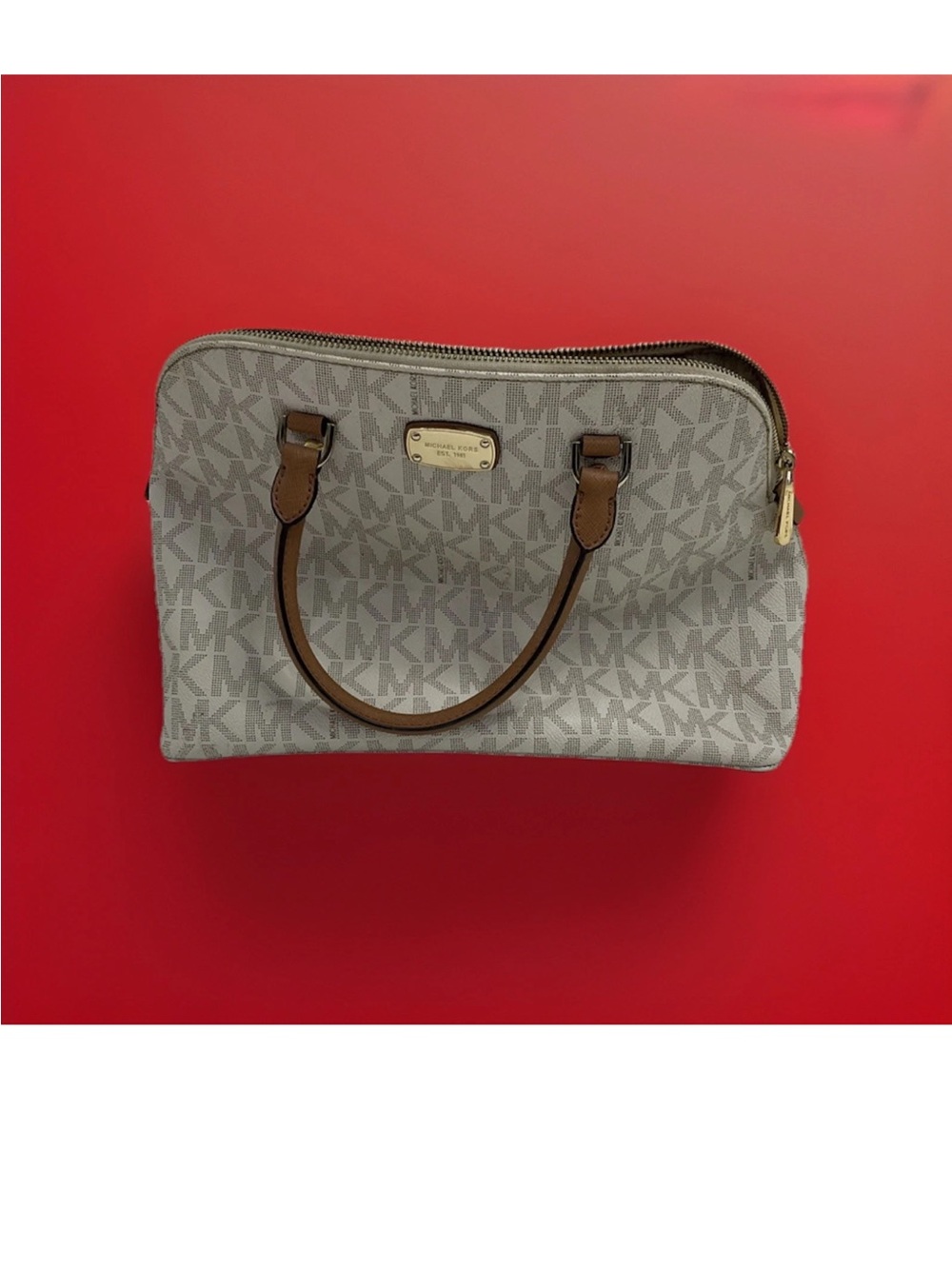 Michael Kors Gray MK Monogram Satchel with Brown Handles